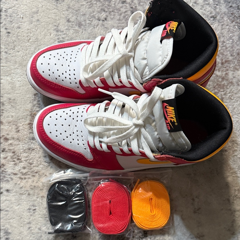 Jordan Red, White, and Yellow Athletic Shoes